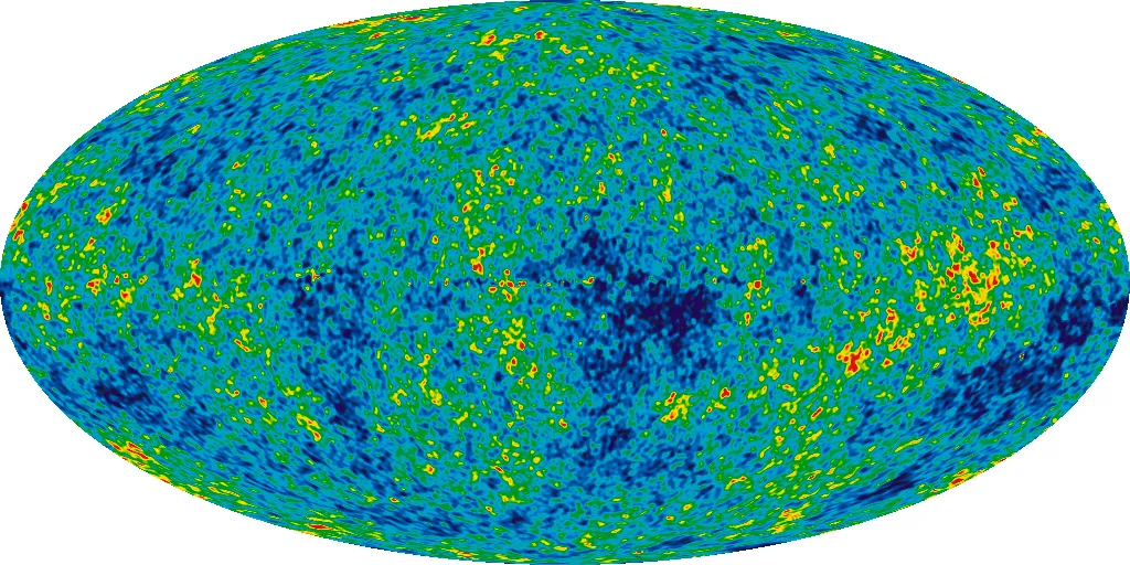 An oval map of the whole sky uses colors to show small temperature differences in the cosmic microwave background.